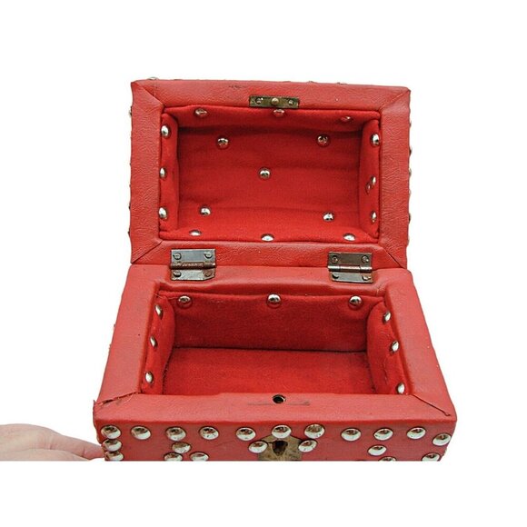 Red Leather Silver Stud Jewelry Trinket Trunk Box 6" Fashion Storage Box No Key - Picture 6 of 12